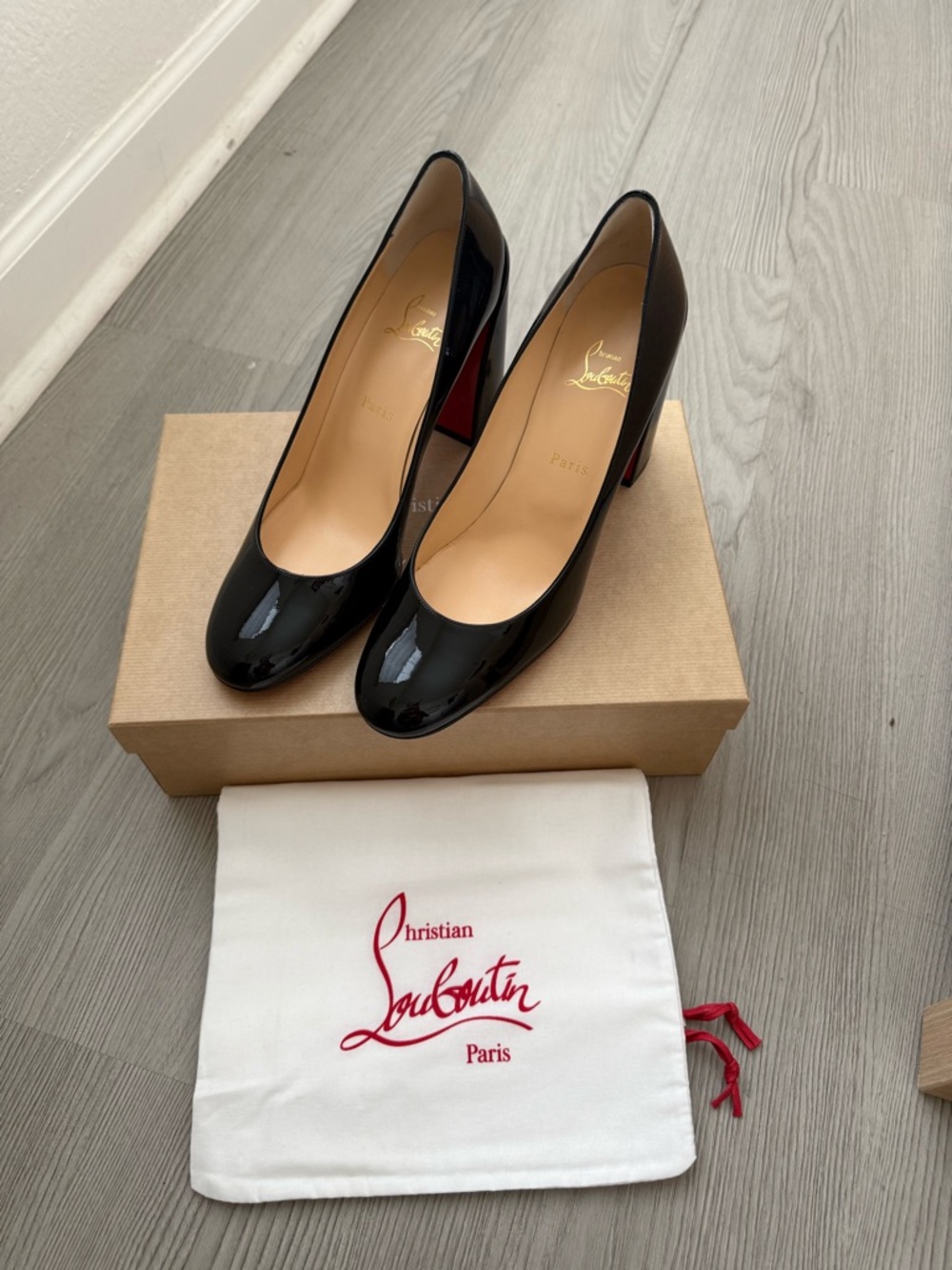 Christian Louboutin Black Patent Round-Toe Pumps with Signature Red Sole - Picture 4 of 5